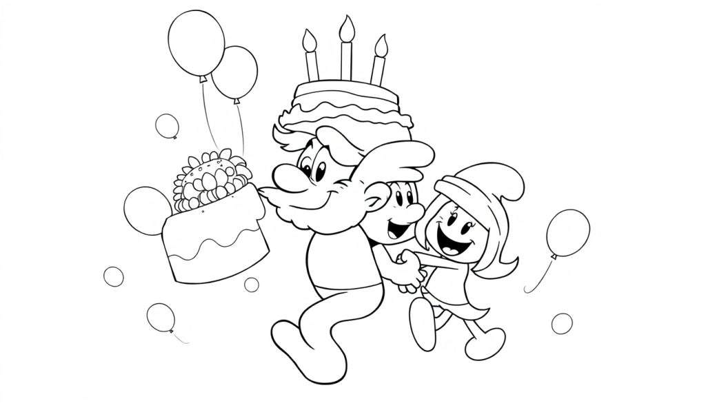 Disegno da colorare di Grande Puffo che porta una torta di compleanno con candele accese, tenendo per mano Puffetta sorridente, circondati da palloncini.