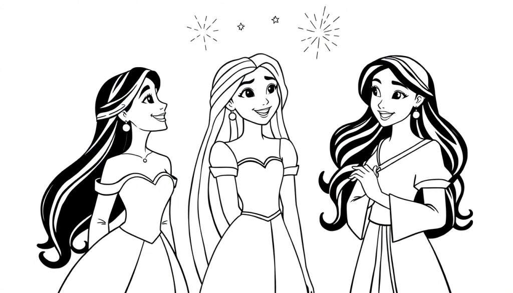 Disegno da colorare di tre principesse sorridenti con capelli lunghi e vestiti eleganti, circondate da stelle e simboli luminosi.