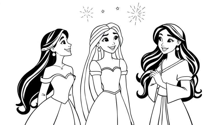 Disegno da colorare di tre principesse sorridenti con capelli lunghi e vestiti eleganti, circondate da stelle e simboli luminosi.