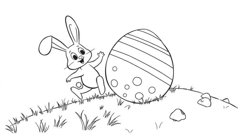 Disegno da colorare di un coniglietto felice che corre accanto a un grande uovo di Pasqua decorato con strisce e pois, su un prato con erba e rocce.
