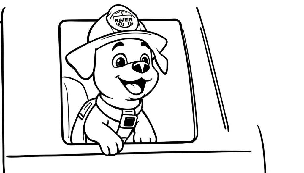 Disegno in bianco e nero di un cane pompiere stilizzato, con casco e collare, che guarda felice fuori da una finestra di veicolo.