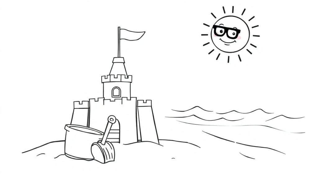 Disegno da colorare di un castello di sabbia sulla spiaggia con secchiello, paletta, onde del mare e un sole sorridente.