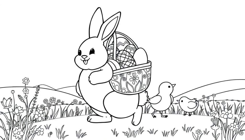 Disegno da colorare di un coniglietto sorridente con un cesto di uova di Pasqua e due pulcini su un prato fiorito.
