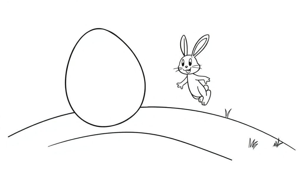 Disegno da colorare di un grande uovo e un coniglio cartonesco sorridente che salta tra le colline.