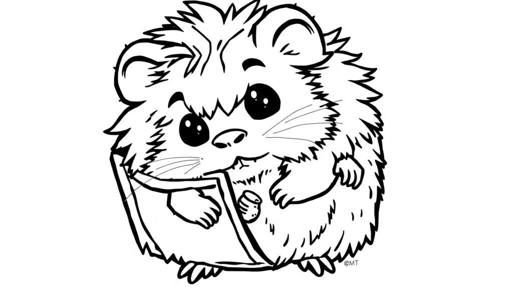 Disegno a linee in bianco e nero di un criceto stilizzato e carino seduto, che tiene un libro aperto tra le zampette anteriori. Ha grandi occhi neri, baffi sottili e un aspetto molto peloso. All'interno del libro c'è un piccolo oggetto. Firma '©MT' in basso a destra.