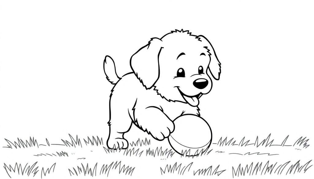 Disegno da colorare di un cucciolo felice che gioca con una palla su un prato.