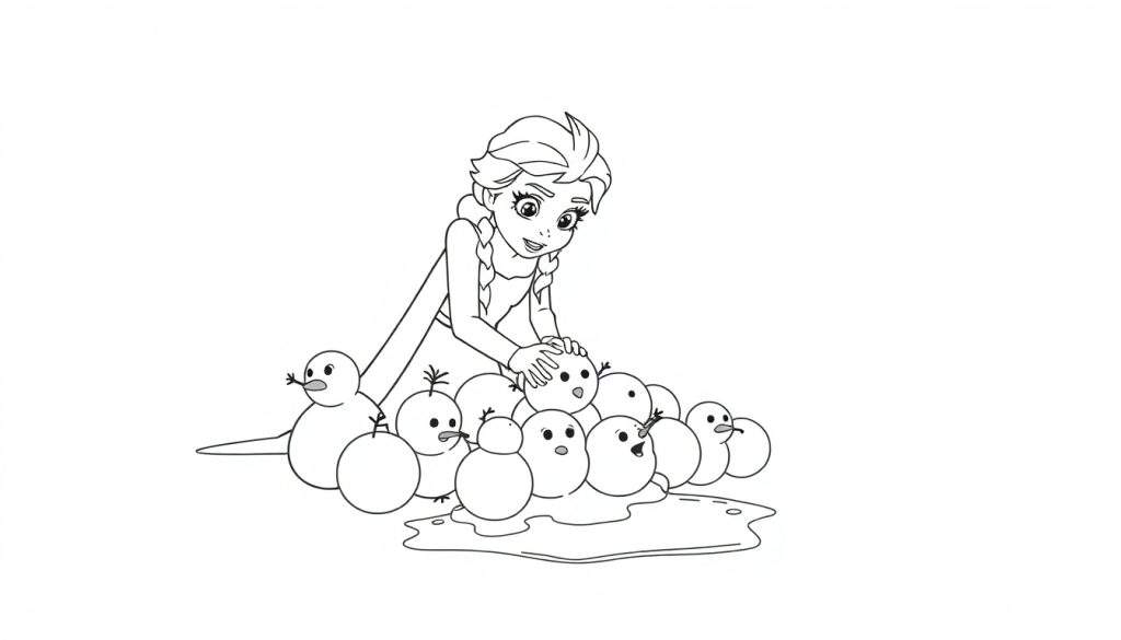 Disegno da colorare di una giovane Elsa con trecce, sorridente, che accarezza un pupazzo di neve mentre altri simili a 'snowgies' si sciolgono attorno a lei.