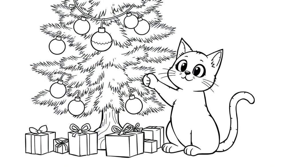 Disegno da colorare di un albero di Natale decorato con palline, un gatto cartone animato che alza una zampa verso l'albero e pacchi regalo sotto.
