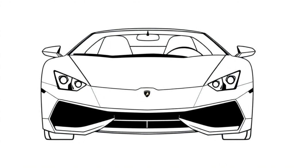 Disegno da colorare di un'auto sportiva Lamborghini decappottabile in vista frontale, con linee nere e spazi bianchi da colorare.