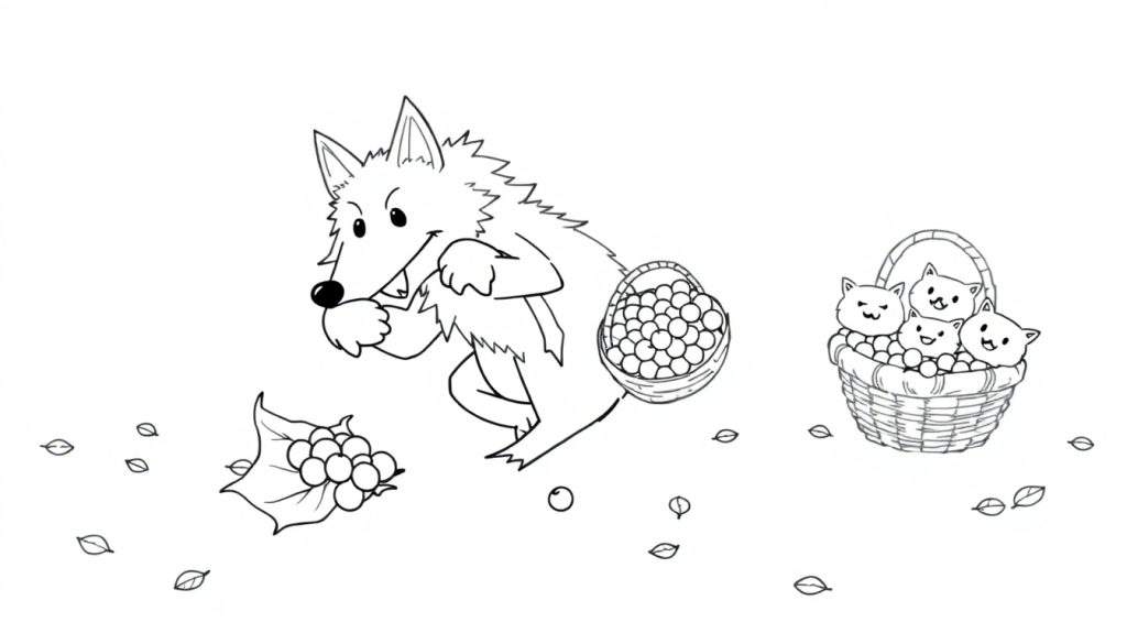 Disegno da colorare in bianco e nero di un lupo sorridente che tiene una bacca, con un cestino di bacche appeso alla coda. Vicino ci sono foglie e bacche sparse. Sulla destra, un cestino pieno di quattro gattini felici e bacche.