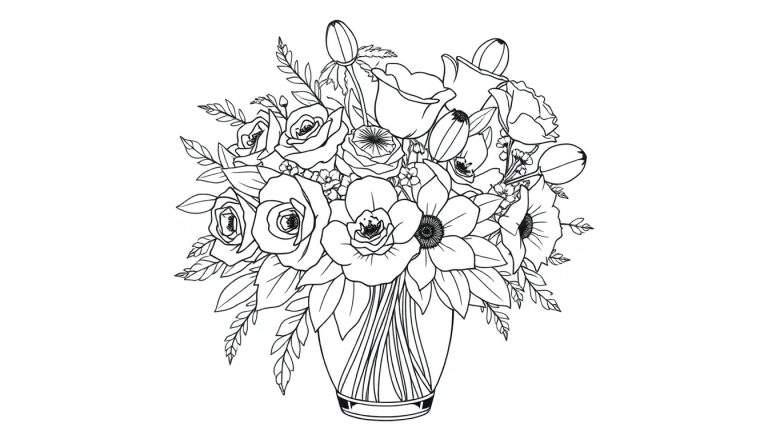 Disegno a contorno di un mazzo di fiori misti in un vaso, pronto da colorare.