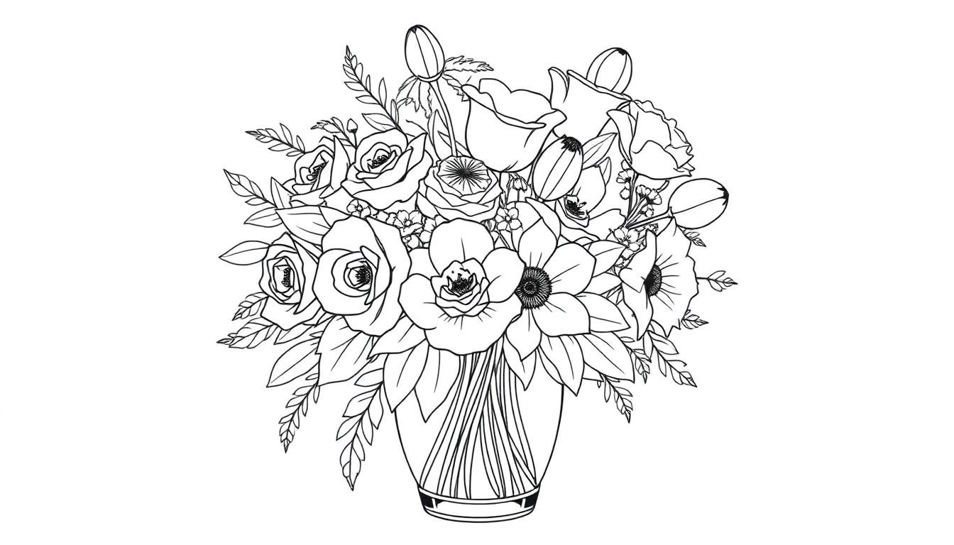 Disegno a contorno di un mazzo di fiori misti in un vaso, pronto da colorare.