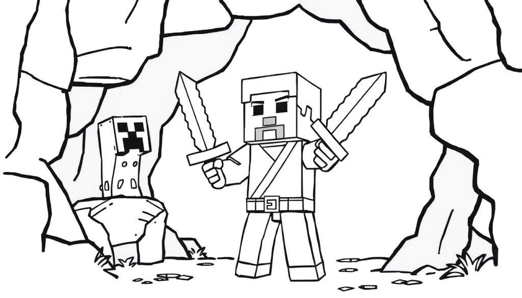 Disegno da colorare di Minecraft con Steve che impugna due spade e un Creeper che sbircia da dietro una roccia.