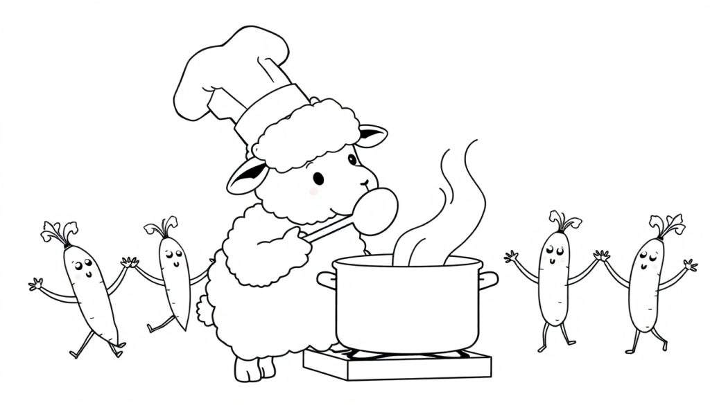 Disegno da colorare di una pecora cartone animato che indossa un cappello da chef e mescola una pentola, con quattro carote antropomorfe che ballano intorno.