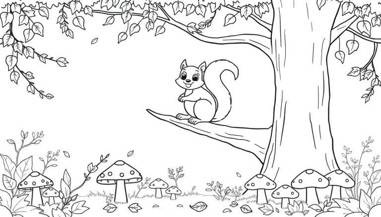 Disegno da colorare di uno scoiattolo amichevole seduto su un ramo in un bosco autunnale, circondato da foglie cadute e funghi.