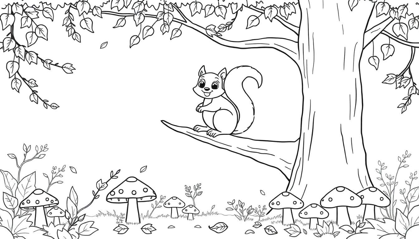 Disegno da colorare di uno scoiattolo amichevole seduto su un ramo in un bosco autunnale, circondato da foglie cadute e funghi.