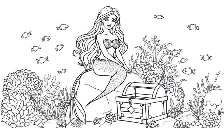 Disegno al tratto di una sirena con capelli lunghi, top a conchiglia e coda di pesce seduta su una roccia vicino a un forziere del tesoro aperto. Intorno ci sono pesci, coralli e alghe.