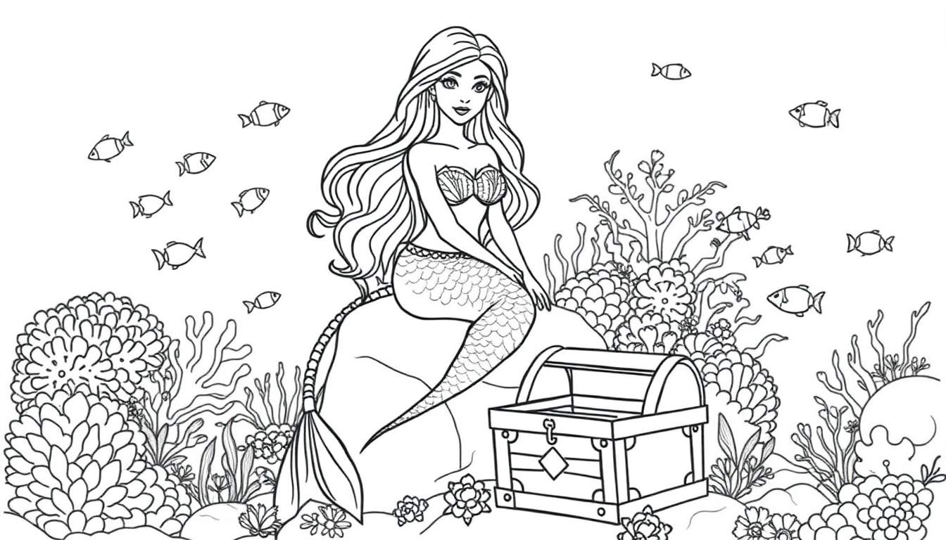 Disegno al tratto di una sirena con capelli lunghi, top a conchiglia e coda di pesce seduta su una roccia vicino a un forziere del tesoro aperto. Intorno ci sono pesci, coralli e alghe.