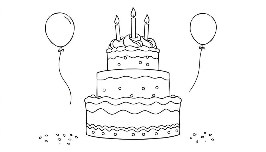Disegno al tratto in bianco e nero di una torta a tre piani con candele, palloncini e coriandoli, perfetto per una pagina da colorare.