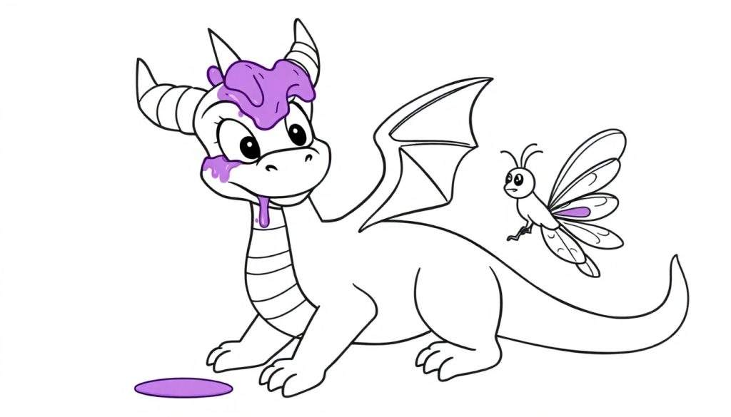 Disegno da colorare di un giovane drago bianco con corna, ali e coda, che ha liquido viola che cola dalla testa e dal muso. Una piccola farfalla bianca con una macchia viola su un'ala è appollaiata sulla sua schiena.