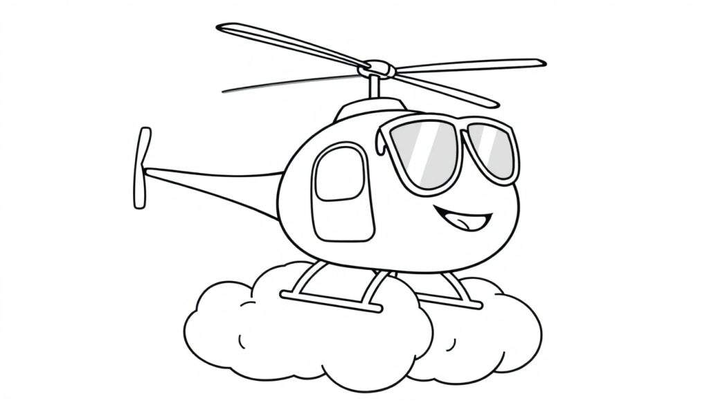 Disegno da colorare di un elicottero simpatico con volto sorridente, occhiali da sole e rotori, che fluttua su due nuvole.