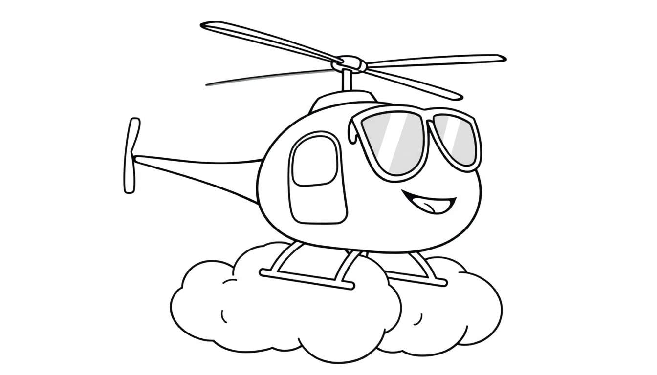 Disegno da colorare di un elicottero simpatico con volto sorridente, occhiali da sole e rotori, che fluttua su due nuvole.