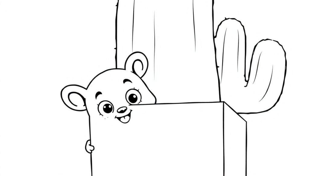 Disegno da colorare di un orsetto animato che spunta da una scatola con un cactus stilizzato sullo sfondo.