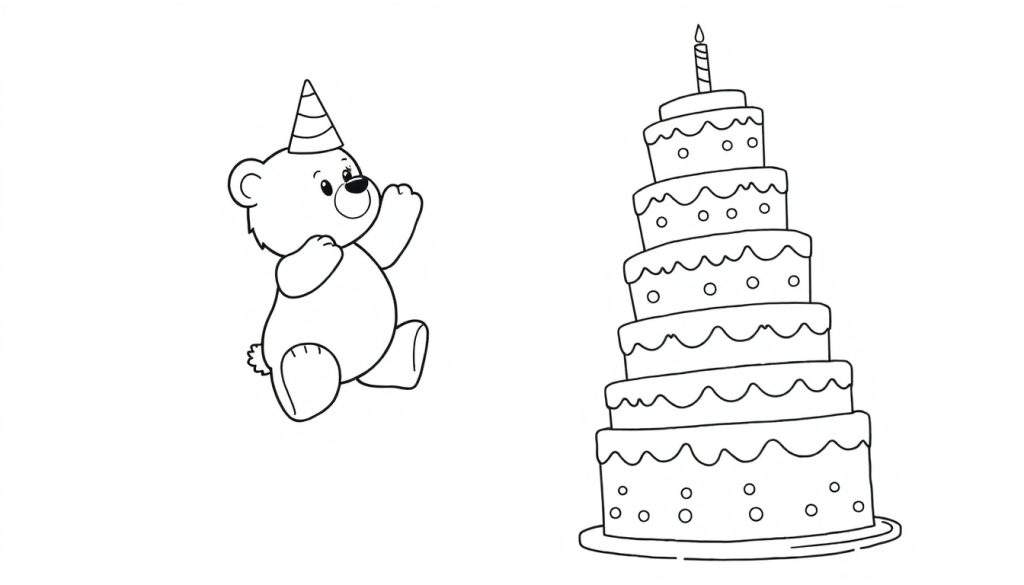 Un disegno in bianco e nero di un orsetto seduto che indossa un cappello da festa e una torta a più piani con una candela accesa, pronto per essere colorato.