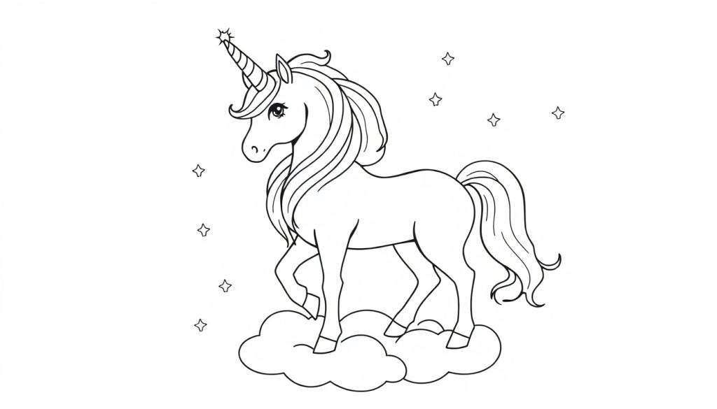 Disegno in bianco e nero di un unicorno su nuvole con corno a spirale e stella, ideale per colorare.