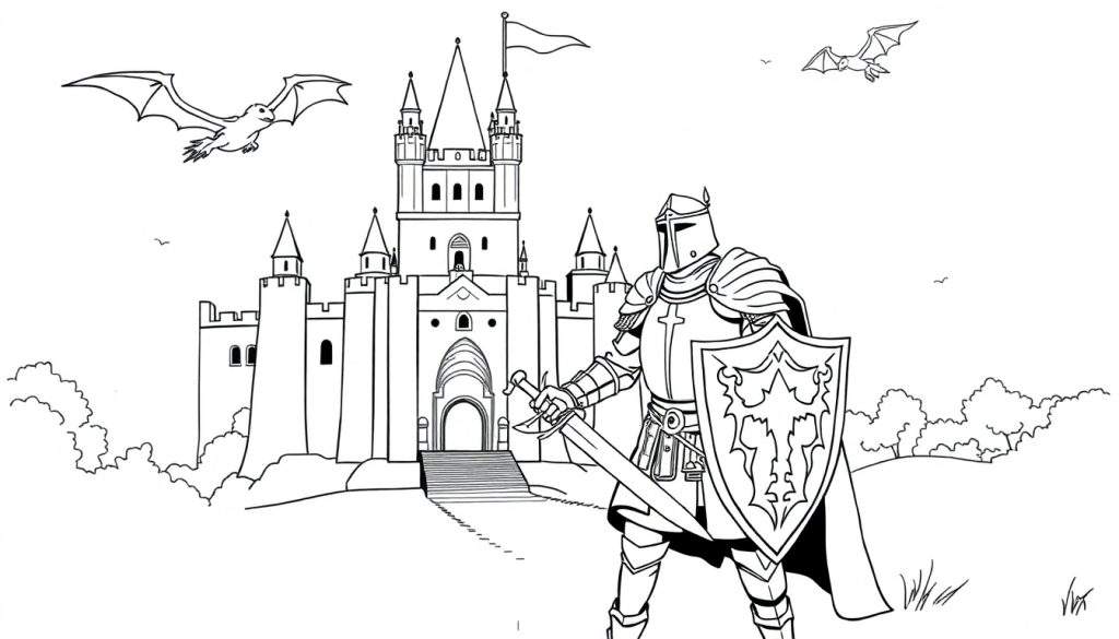 Disegno da colorare di un cavaliere medievale con spada e scudo davanti a un castello con torri, draghi e uccelli nel cielo.