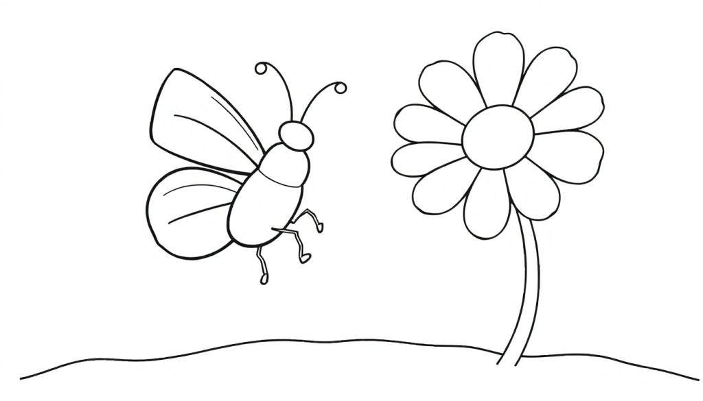 Disegno da colorare di una farfalla accanto a un fiore con terreno sottostante.