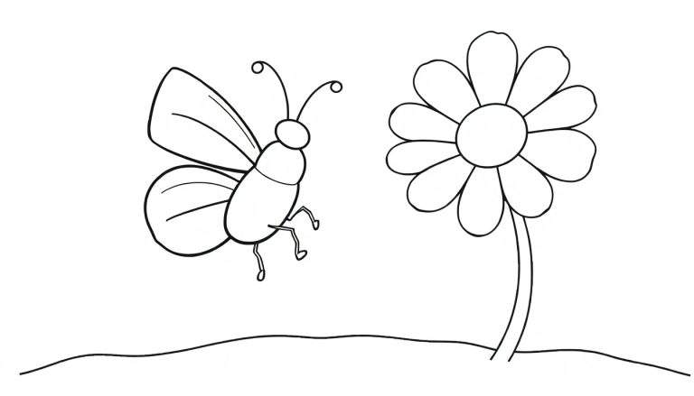 Disegno da colorare di una farfalla accanto a un fiore con terreno sottostante.