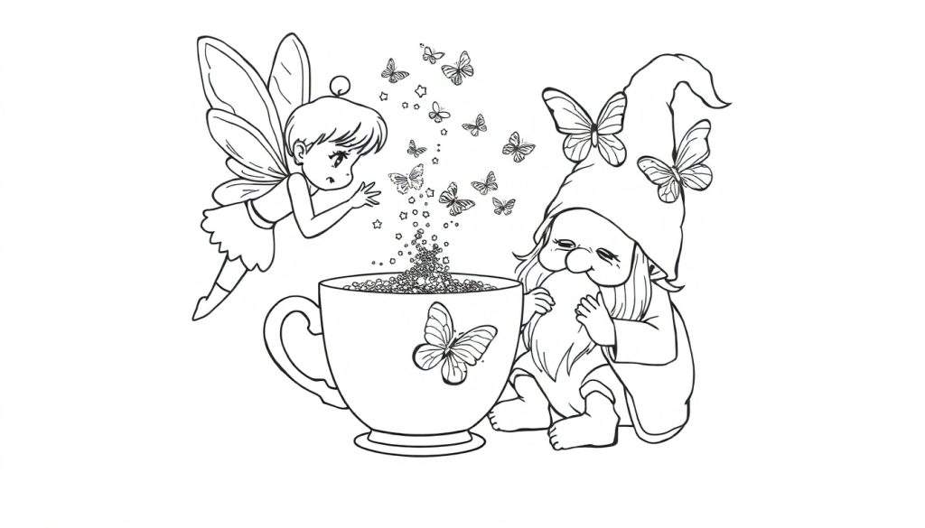 Disegno in bianco e nero per bambini: una fatina con ali trasparenti versa polvere di stelle da una tazza con una farfalla disegnata, mentre uno gnomo barbuto con cappello a punta osserva con gli occhi chiusi. Diverse farfalle volano intorno.