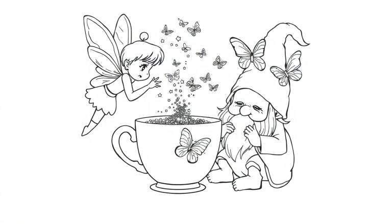 Disegno in bianco e nero per bambini: una fatina con ali trasparenti versa polvere di stelle da una tazza con una farfalla disegnata, mentre uno gnomo barbuto con cappello a punta osserva con gli occhi chiusi. Diverse farfalle volano intorno.