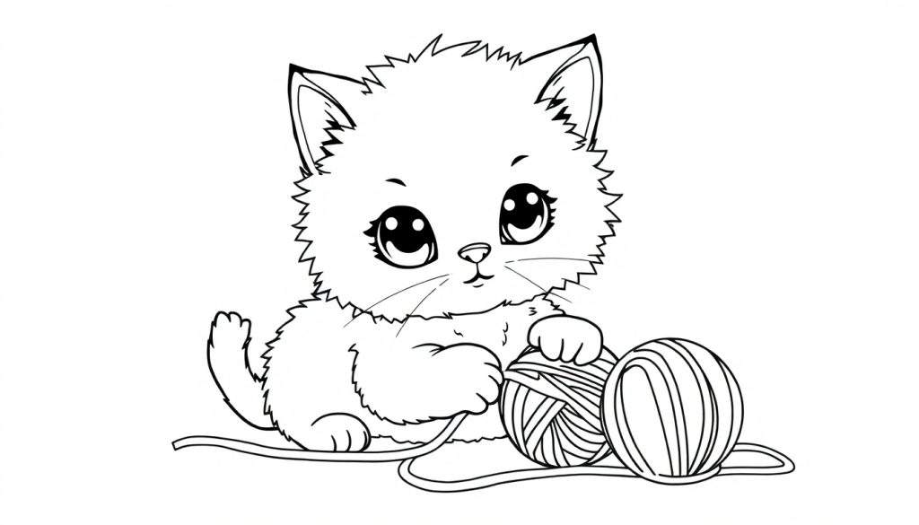 Disegno in bianco e nero di un gattino adorabile seduto che gioca con gomitoli di lana, occhi grandi, pelo arruffato.