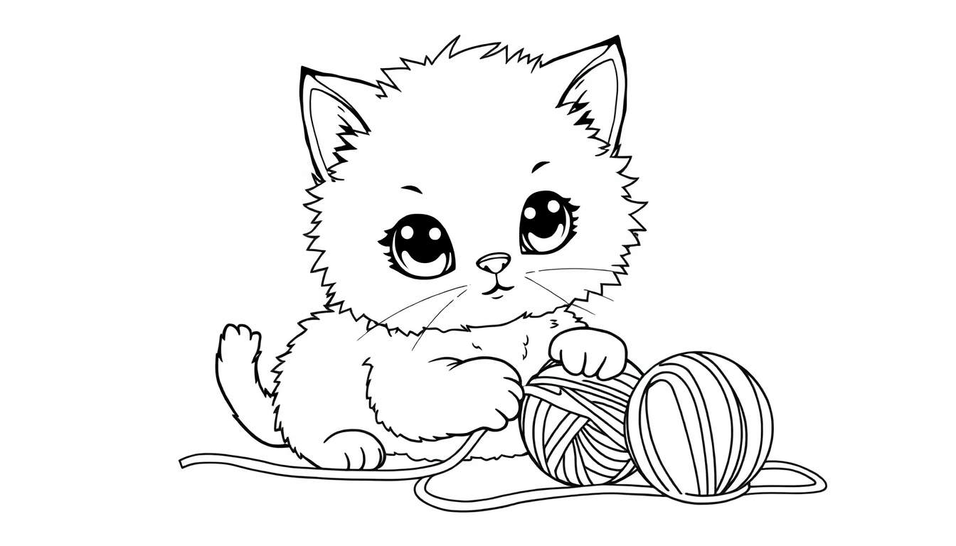 Disegno in bianco e nero di un gattino adorabile seduto che gioca con gomitoli di lana, occhi grandi, pelo arruffato.