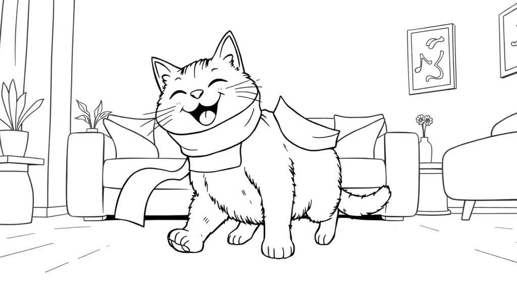 Disegno in bianco e nero di un gatto felice con gli occhi chiusi, la bocca aperta e una sciarpa che fluttua, che corre in un soggiorno.