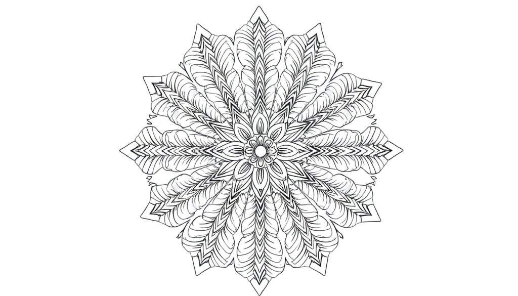 Disegno dettagliato in bianco e nero di un mandala floreale stilizzato con otto punte esterne e un nucleo centrale, su sfondo bianco.