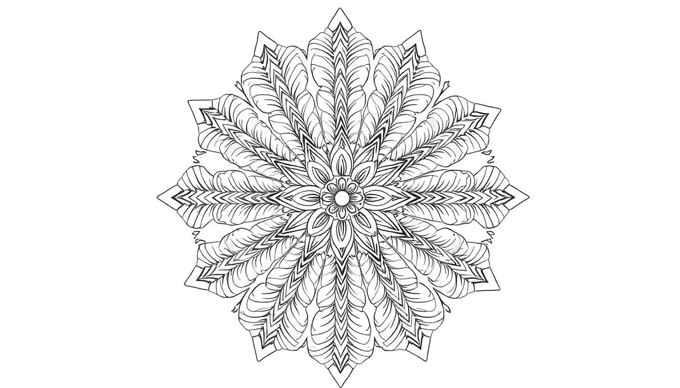 Disegno dettagliato in bianco e nero di un mandala floreale stilizzato con otto punte esterne e un nucleo centrale, su sfondo bianco.