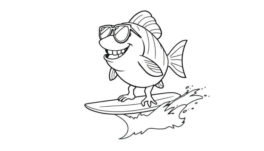 Disegno da colorare di un pesce cartone animato sorridente con occhiali da sole su una tavola da surf.