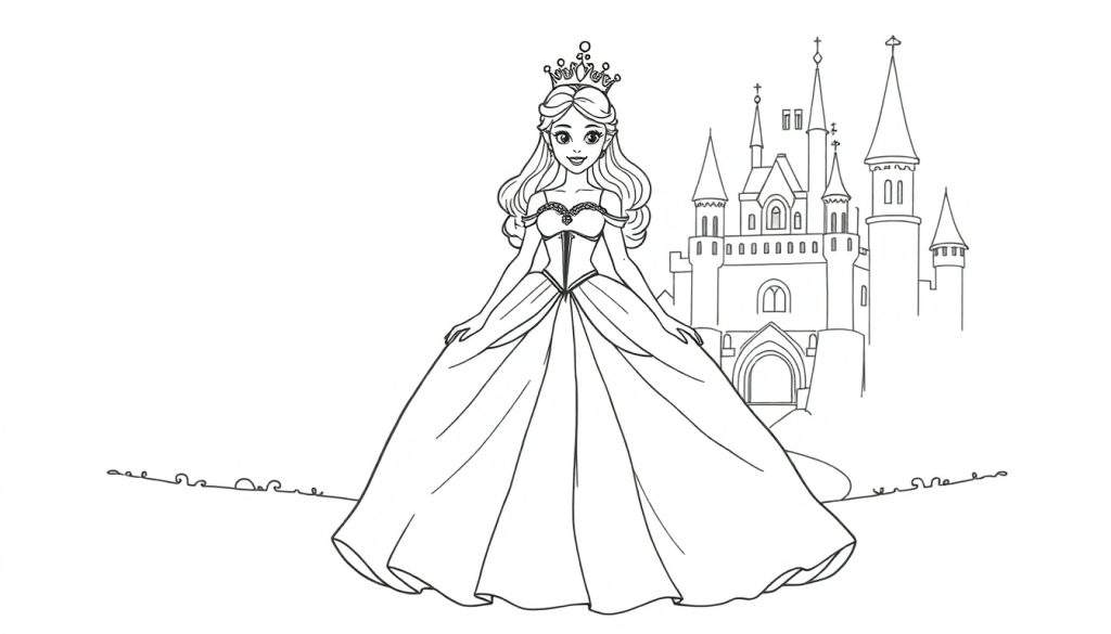 Disegno da colorare di una principessa con abito da ballo e corona, accanto a un maestoso castello fiabesco.