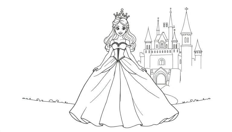 Disegno da colorare di una principessa con abito da ballo e corona, accanto a un maestoso castello fiabesco.