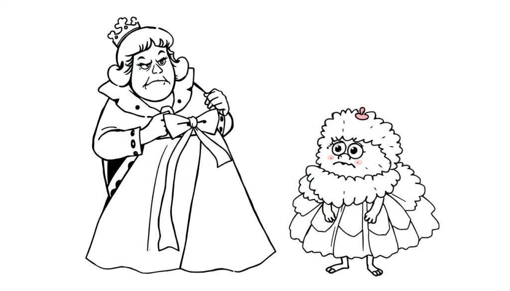 Disegno da colorare di una regina severa in abito regale con corona che guarda una piccola creatura pelosa spaventata.
