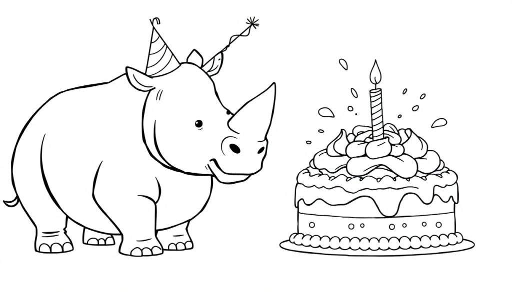 Disegno in bianco e nero di un rinoceronte in stile cartone animato con un cappello da festa e una torta di compleanno decorata con candela.