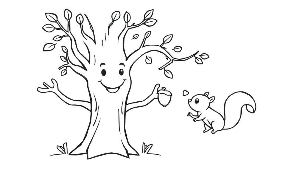 Disegno da colorare di un albero amichevole con un volto sorridente e braccia aperte, che tiene una ghianda. Uno scoiattolo è di fronte all'albero e guarda la ghianda, con un cuore sopra di lui.