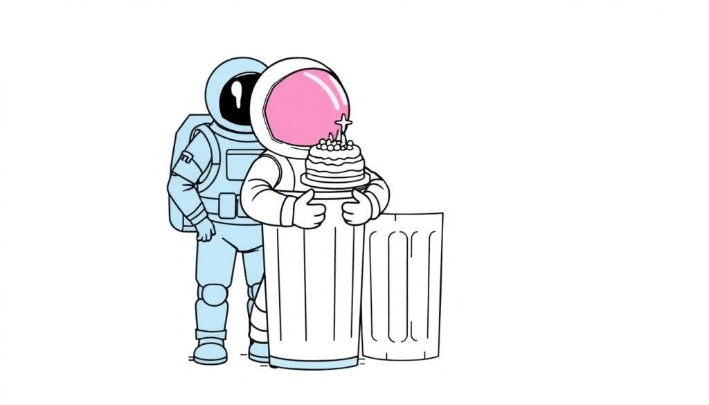 Disegno da colorare: due astronauti con un casco spaziale e una tuta spaziale sono in piedi vicino a una torta colorata che si trova su un bidone della spazzatura.