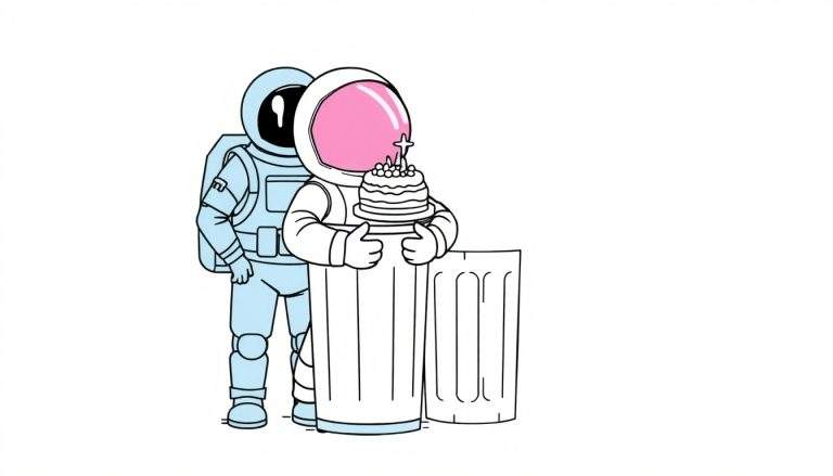 Disegno da colorare: due astronauti con un casco spaziale e una tuta spaziale sono in piedi vicino a una torta colorata che si trova su un bidone della spazzatura.