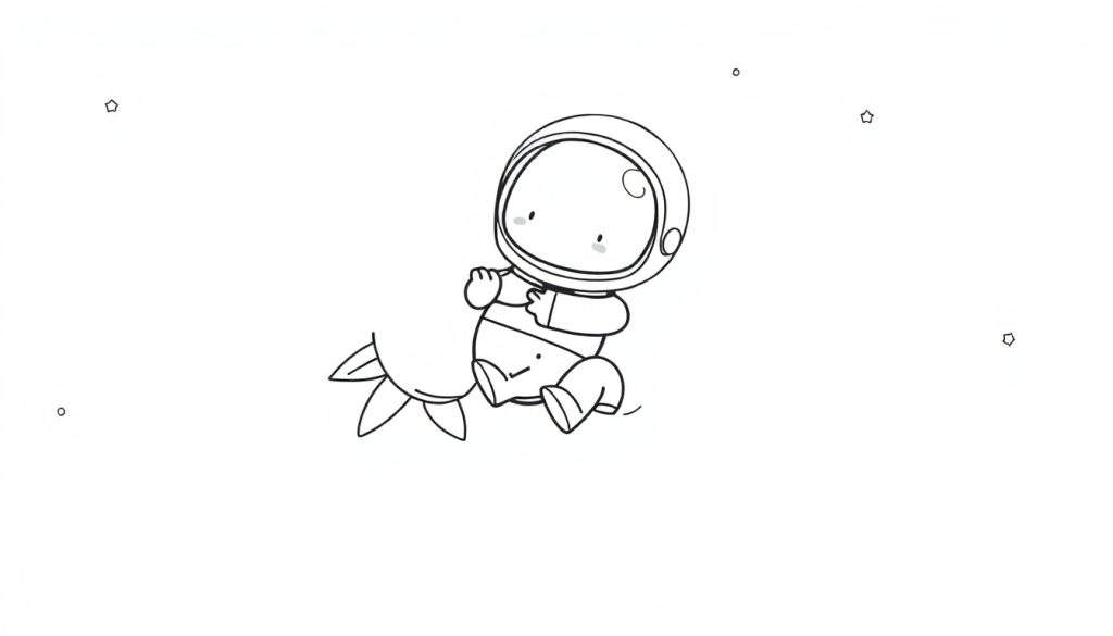 Disegno da colorare di un astronauta stilizzato seduto su una creatura spaziale con coda floreale, circondato da stelle.