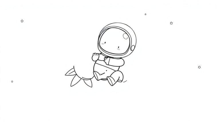 Disegno da colorare di un astronauta stilizzato seduto su una creatura spaziale con coda floreale, circondato da stelle.