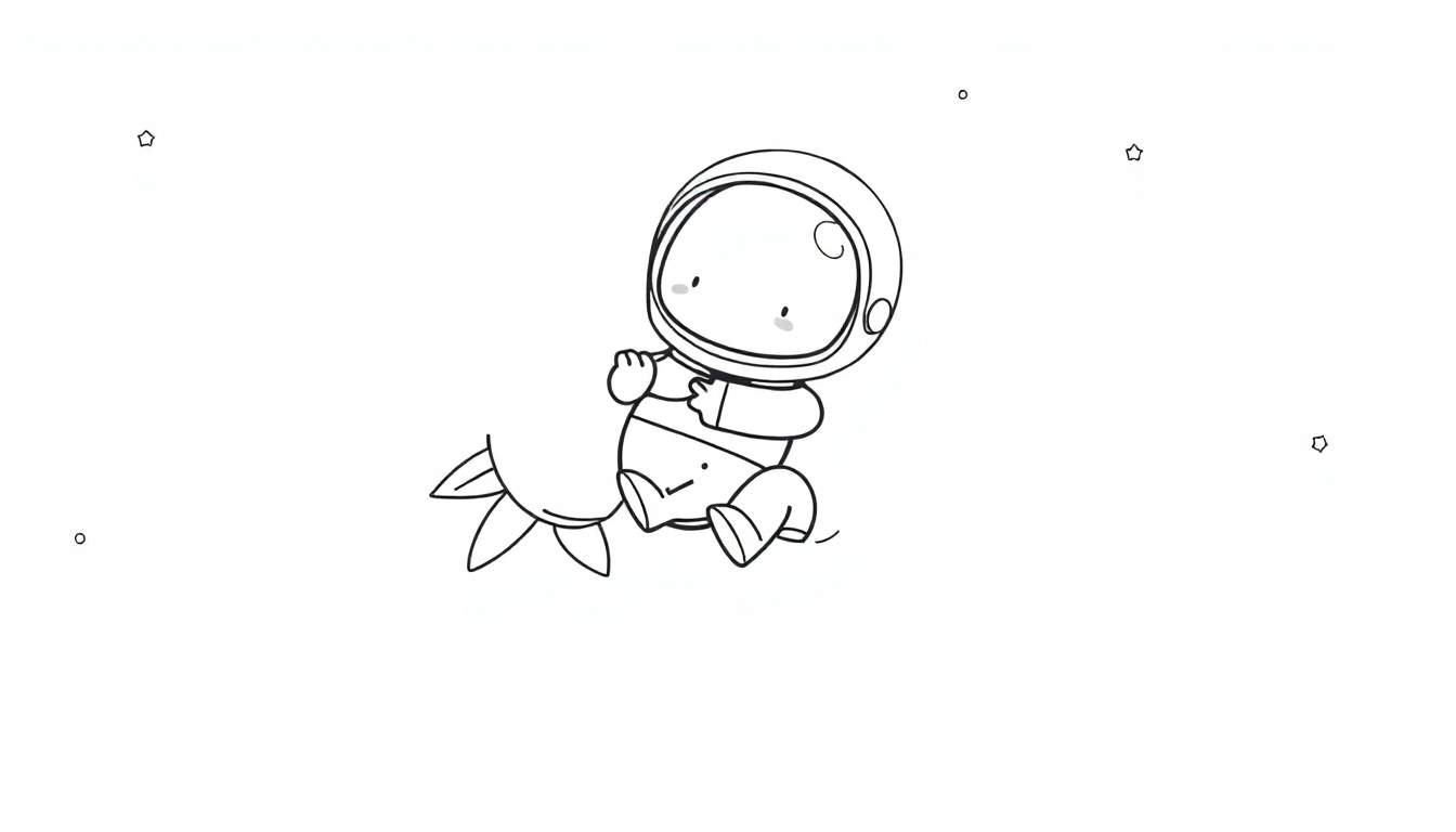 Disegno da colorare di un astronauta stilizzato seduto su una creatura spaziale con coda floreale, circondato da stelle.